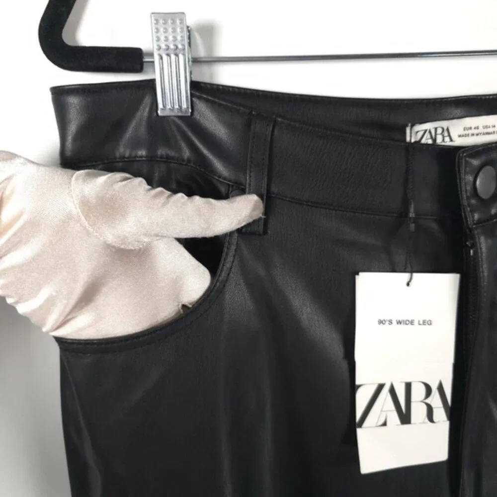 NWT ZARA FAUX LEATHER 90’s WIDE LEG Pants High Waist 2969/245/800 Size 14‎